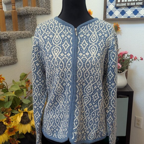 Nomadic Traders Blue & White Jacquard Knit Cardigan Sweater | Size Small - Picture 7 of 9